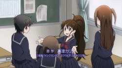 Rule 34 | 4girls, animated, blush, breasts, brown hair, character request, classroom, glasses, happy, high ponytail, long hair, multiple girls, ponytail, school uniform, short hair, side ponytail, sitting, size difference, sweat, taneshima popura, very long hair, video, window, working!!