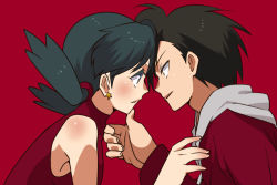 Rule 34 | 1990s (style), 1boy, 1girl, ageha, black hair, creatures (company), earrings, ethan (pokemon), ethan (pokemon) (classic), eyelashes, from side, game freak, grabbing another&#039;s chin, hand on another&#039;s chin, jewelry, kris (pokemon), nintendo, pokemon, pokemon adventures, pokemon gsc, red background, red theme, retro artstyle, simple background, star (symbol), star earrings, twintails