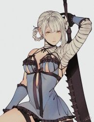 Rule 34 | 1girl, bandaged arm, bandaged neck, bandages, black gloves, blue dress, blunt bangs, braid, braided hair rings, breasts, cowboy shot, dress, flower, gloves, grey background, grey hair, hair flower, hair ornament, hair rings, holding, holding sword, holding weapon, kaine (nier), lily (flower), lingerie, looking at viewer, medium breasts, mim (mimya0600), negligee, nier (series), parted lips, short dress, signature, single bare shoulder, single sidelock, solo, sword, underboob, underwear, weapon, weapon behind back, white flower, yellow eyes