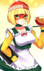 Rule 34 | 1girl, alternate costume, apron, arms (game), beanie, blonde hair, blunt bangs, blush, bow, breasts, commentary request, domino mask, dress, frilled apron, frilled dress, frills, green dress, green eyes, hat, highres, holding, holding menu, katwo, looking at viewer, mask, menu, min min (arms), red bow, short hair, solo, thick eyebrows