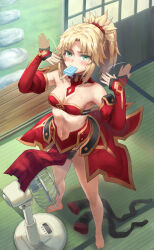 Rule 34 | 1girl, bandeau, bare shoulders, barefoot, black panties, blonde hair, braid, breasts, collarbone, detached collar, detached sleeves, electric fan, fanning self, fate/apocrypha, fate/grand order, fate (series), food, food in mouth, french braid, green eyes, highres, long hair, looking at viewer, mordred (fate), mordred (fate/apocrypha), mouth hold, navel, panties, parted bangs, pelvic curtain, ponytail, popsicle, popsicle in mouth, sidelocks, small breasts, solo, sweat, unworn thighhighs, tonee, underwear, waist cape