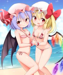 Rule 34 | 2girls, bat wings, beach, bikini, blonde hair, blue hair, blush, bow, breasts, collarbone, crystal, day, fang, flandre scarlet, hair bow, hat, hat bow, hat ribbon, highres, holding hands, interlocked fingers, looking at viewer, mob cap, multiple girls, navel, open mouth, outdoors, red bow, red eyes, remilia scarlet, ribbon, short hair, siblings, side-tie bikini bottom, side ponytail, sisters, small breasts, striped bikini, striped clothes, suwa yasai, swimsuit, touhou, water, wings, wrist cuffs