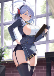 Rule 34 | 1girl, absurdres, ako (blue archive), bell, black garter straps, black gloves, black thighhighs, blue archive, blue eyes, blue hair, breasts, buttons, clipboard, closed mouth, cowboy shot, curvy, double-breasted, garter straps, gloves, hairband, half gloves, halo, hand on own hip, highres, large breasts, long sleeves, looking at viewer, mashilemo, neck bell, plant, potted plant, shirt, sideboob, skirt, sleeveless, sleeveless shirt, smile, solo, standing, thick thighs, thighhighs, thighs, white shirt, window
