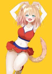 Rule 34 | 1girl, animal ear fluff, animal ears, armpits, arms up, blonde hair, blush, breasts, cheerleader, collarbone, cropped shirt, fangs, furry, furry female, green eyes, heart, heart hands, highres, looking at viewer, medium breasts, medium hair, microskirt, one side up, original, panties, pantyshot, shirt, shoes, simple background, skirt, sleeveless, sleeveless shirt, smile, sneakers, solo, standing, standing on one leg, tail, underwear, white panties, yellow background, yongen yu