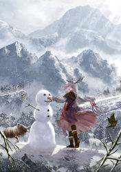 Rule 34 | 1girl, :d, absurdres, antlers, bag, bird, blue eyes, boar, boots, bow, brown footwear, brown scarf, dress, from behind, fur-trimmed boots, fur trim, grey hair, hair between eyes, hair bow, highres, holding snowball, horns, long hair, long sleeves, looking at viewer, looking back, mountain, open mouth, original, outdoors, pointy ears, red bow, red dress, scarf, scenery, shoulder bag, silvertsuki, smile, snowball, snowing, snowman, tail, winter
