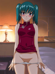 Rule 34 | 1girl, aqua hair, bare shoulders, blush, china dress, chinese clothes, dress, honjo mikaze, looking at viewer, panties, panty pull, purple eyes, solo, stratos 4, thighs, twintails, underwear, white panties
