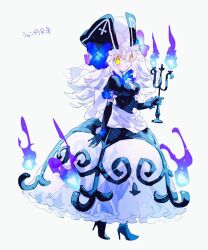Rule 34 | 1girl, back bow, black dress, black footwear, black gloves, black headwear, blue bow, blue bowtie, blue fire, boots, bow, bowtie, candle, candlestand, chandelure, commentary, creatures (company), dress, elbow gloves, fire, game freak, gen 5 pokemon, gloves, hair bow, hibi89, high heel boots, high heels, holding, holding candle, long hair, looking at viewer, nintendo, personification, pokemon, symbol-only commentary, veil, white bow, white hair, wrist bow, yellow eyes