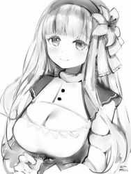 Rule 34 | 1girl, blunt bangs, breasts, cleavage, cleavage cutout, closed mouth, clothing cutout, flower, greyscale, hair flower, hair ornament, hairband, highres, large breasts, light blush, long hair, looking at viewer, monochrome, nanashi (nlo), shirayuri lily, simple background, smile, solo, upper body, virtual youtuber, vivid (production), white background