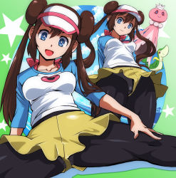 Rule 34 | 10s, 1girl, :d, black pantyhose, blue eyes, breasts, bright pupils, brown hair, creatures (company), crotch seam, double bun, frillish, from below, game freak, gen 5 pokemon, hair bun, hat, kamisimo 90, long hair, looking at viewer, looking down, medium breasts, nintendo, open mouth, panties, panties under pantyhose, pantyhose, pantyhose under shorts, pantyshot, pokemon, pokemon (creature), pokemon bw2, raglan sleeves, rosa (pokemon), shorts, sitting, smile, snivy, spread legs, standing, thighs, twintails, underwear, upshorts, visor cap