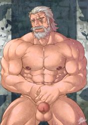 Rule 34 | 1boy, abs, bara, beard, biceps, censored, commission, completely nude, erection, facial hair, feet out of frame, flexing, large pectorals, male focus, mature male, mosaic censoring, muscular, muscular male, mustache, nipples, nude, old, old man, onionworkshop, overwatch, pectorals, penis, reinhardt (overwatch), scar, scar across eye, short hair, smile, solo, standing, stomach, sweat, thick thighs, thighs, white hair