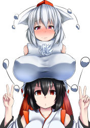 Rule 34 | 2girls, animal ears, bare shoulders, black hair, blush, breast rest, breasts, breasts apart, breasts on head, brown eyes, covered erect nipples, detached sleeves, double v, female focus, gesture, hat, inubashiri momiji, large breasts, looking at viewer, multiple girls, no bra, peso (cheese company), red eyes, shameimaru aya, shirt, short hair, silver hair, simple background, taut clothes, taut shirt, tokin hat, touhou, v, white background, wide sleeves, wolf ears