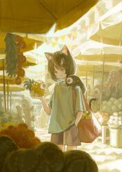 Rule 34 | 1other, :3, androgynous, animal ear fluff, animal ears, aqua eyes, basket, brown hair, brown shorts, brown tail, building, bunting, cat ears, cat tail, closed mouth, commentary request, creature, creature on shoulder, day, food, fruit, grey shirt, hand up, highres, holding, light blush, light smile, market, medium hair, on shoulder, original, outdoors, parasol, popepopo999, red bag, shirt, shopping, shorts, solo, t-shirt, tail, umbrella