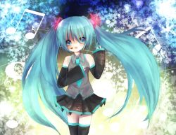 Rule 34 | 1girl, bad id, bad pixiv id, blue eyes, blue hair, blush, detached sleeves, hatsune miku, headset, long hair, matching hair/eyes, musical note, necktie, ou (swdp), skirt, solo, thighhighs, twintails, very long hair, vocaloid