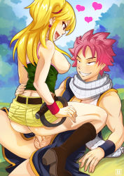 Rule 34 | 1boy, 1girl, :d, ass, bare arms, bare shoulders, belt, black eyes, blonde hair, blush, boots, breasts, breasts out, brown eyes, clenched teeth, clothed sex, cloud, couple, cowgirl position, denim, denim skirt, earrings, eye contact, fairy tail, fang, girl on top, grin, hand on another&#039;s hip, happy, happy sex, heart, hetero, highres, hmage, jewelry, large breasts, long hair, looking at another, lucy heartfilia, lying, moaning, muscular, natsu dragneel, nipples, one side up, open mouth, penis, pink hair, scarf, sex, short hair, sideboob, sitting, sitting on person, skirt, sky, smile, spiked hair, straddling, tank top, teeth, testicles, uncensored, vaginal, whip, wristband, yellow skirt
