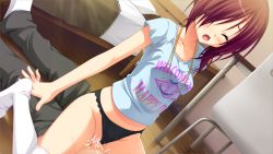 Rule 34 | 1boy, 1girl, arm support, bed, black panties, blood, blush, breasts, chair, chitose haruki, closed eyes, clothed sex, clothes writing, clothing aside, collarbone, cowgirl position, cum, cum in pussy, defloration, desk, dutch angle, feet, fingernails, game cg, girl on top, hair over one eye, hetero, indoors, jewelry, karasuba yukari, kobuichi, legs, long hair, moaning, muririn, necklace, no pants, no shoes, open mouth, orgasm, panties, panties aside, red hair, sex, shirt, short sleeves, small breasts, solo focus, straddling, sweat, t-shirt, teacher and student, tenshinranman, thighhighs, thighs, third-party edit, uncensored, underwear, vaginal, white thighhighs