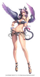 Rule 34 | 1girl, akasha (chaos heroes online), akasha (chaos online), animal ears, bangle, bikini, bracelet, breasts, cat ears, cat tail, chaos online, fingernails, full body, hand on own hip, highres, jewelry, large breasts, long fingernails, long hair, looking at viewer, love cacao, navel, o-ring, o-ring top, parted lips, purple hair, red eyes, sandals, solo, swimsuit, tail, wings