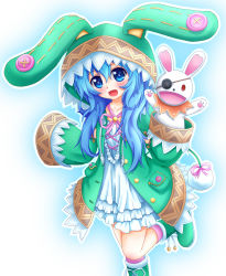 Rule 34 | 10s, 1girl, bad id, bad pixiv id, blue eyes, blue hair, blush, boots, rabbit, collarbone, date a live, eyepatch, frills, green footwear, hand puppet, hood, long hair, long sleeves, matching hair/eyes, open mouth, puppet, red eyes, sills, solo, wide sleeves, yoshino (date a live), yoshinon