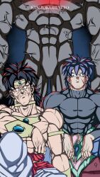 Rule 34 | 3boys, abs, absurdres, armband, bio broly, blank eyes, broly (dragon ball super), broly (dragon ball z), commentary, couch, dragon ball, dragon ball super, dragon ball super broly, dragonball z, dual persona, earrings, english commentary, facial scar, frown, glowing, highres, jewelry, kinzokumatto, male focus, multiple boys, muscular, muscular male, neck ribbon, nude, ribbon, scar, scar on cheek, scar on face, sitting, topless, turtleneck, vambraces, veins
