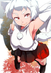 Rule 34 | 1girl, animal ears, arm up, armpits, bare legs, bare shoulders, black skirt, boots, breasts, detached sleeves, eyebrows, from above, hand on own hip, highres, inubashiri momiji, medium breasts, miniskirt, pom pom (clothes), red eyes, short hair, skirt, sleeveless, solo, tail, thick eyebrows, touhou, white hair, wolf ears, wolf tail, yocchi (tenyunkel)