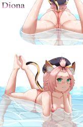 Rule 34 | 1girl, absurdres, animal ears, ass, bare shoulders, barefoot, bikini, blush, breasts, cameltoe, cat ears, cat tail, cleft of venus, diona (genshin impact), embarrassed, from behind, genshin impact, green eyes, hat, highres, huge ass, lying, on stomach, pink hair, shiny clothes, shiny skin, short hair, small breasts, solo, superbanango, swimsuit, tail, water, wet, wet hair
