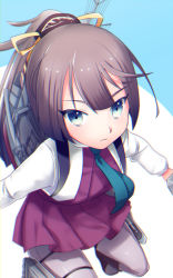 Rule 34 | 10s, 1girl, blue eyes, brown hair, chromatic aberration, kantai collection, kazagumo (kancolle), long hair, long sleeves, looking at viewer, necktie, pantyhose, pleated skirt, ponytail, school uniform, simple background, skirt, solo, ude