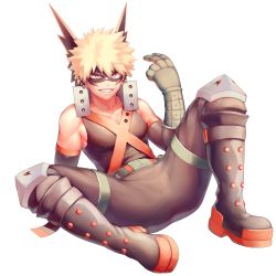 Rule 34 | 1boy, bakugou katsuki, bare shoulders, blonde hair, boku no hero academia, commentary request, eye mask, gloves, grin, highres, looking at viewer, male focus, mask, mouth mask, red eyes, salmon (657931354), shirt, short hair, simple background, smile, solo, spiked hair, spread legs, teeth, white background