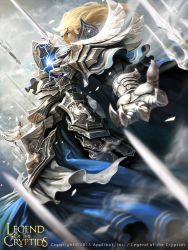 Rule 34 | 1boy, armor, blonde hair, blue eyes, cloud, copyright name, dated, electricity, gloves, highres, legend of the cryptids, long hair, male focus, official art, sky, solo, sword, weapon, woo chul lee
