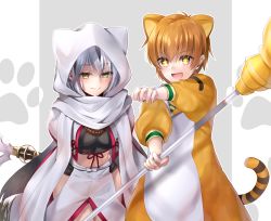 Rule 34 | animal costume, animal ears, animal hood, bead necklace, beads, black hair, blush, breasts, brown eyes, brown hair, cat ears, fang, fate/grand order, fate (series), fujimura taiga, hair between eyes, hane yuki, highres, hood, jaguarman (fate), jewelry, leaning forward, long hair, looking at viewer, medium breasts, midriff, multicolored hair, nagao kagetora (fate), necklace, open mouth, paw print, paw stick, polearm, scarf, short hair, smile, sparkling eyes, spear, two-tone hair, very long hair, weapon, white hair, yellow eyes