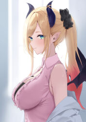 Rule 34 | 1girl, blonde hair, breasts, cleavage, clothes down, demon horns, demon wings, eyes visible through hair, from side, gradient hair, green eyes, hair ornament, hair scrunchie, haro art, highres, hololive, horns, impossible clothes, impossible shirt, lab coat, large breasts, long hair, looking at viewer, multicolored hair, pink shirt, pointy ears, ponytail, red hair, scrunchie, shirt, sleeveless, sleeveless shirt, smile, solo, upper body, virtual youtuber, wing collar, wings, yuzuki choco, yuzuki choco (1st costume)