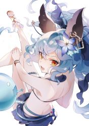 Rule 34 | 1girl, animal ears, bare arms, bare legs, bare shoulders, bikini, breasts, brown eyes, erune, eyebrows, ferry (granblue fantasy), ferry (summer) (granblue fantasy), flower, granblue fantasy, hair flower, hair ornament, highres, long hair, looking at viewer, looking back, medium breasts, open mouth, orange eyes, ponytail, sandals, silver hair, solo, swimsuit, teeth, toes, tongue, toyama572