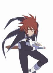 Rule 34 | 00s, 1boy, brown eyes, brown hair, artistic error, fighting stance, fingerless gloves, gloves, kratos aurion, male focus, official art, ready to draw, sheath, sheathed, short hair, simple background, solo, sword, tales of (series), tales of symphonia, weapon, white background