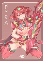 Rule 34 | 1girl, absurdres, artist logo, blush, breasts, earrings, female focus, female pubic hair, functionally nude, hair ornament, highres, jewelry, kneeling, large breasts, looking at viewer, nintendo, nipples, pubic hair, pyra (xenoblade), red background, red eyes, red hair, red pubic hair, short hair, smile, solo, suspenders, suspenders hanging, sword, thighhighs, thighs, tiara, tongue, tongue out, weapon, x-t3al, xenoblade chronicles (series), xenoblade chronicles 2