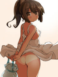 Rule 34 | 10s, 1girl, arms behind back, ass, bag, brown eyes, brown hair, clothes lift, commentary request, cowboy shot, dress, dress lift, flat chest, from behind, gradient background, holding, holding bag, i-401 (kancolle), kantai collection, looking at viewer, looking back, naitou kouse, no panties, ponytail, simple background, sketch, solo, standing, sundress, tan, tanline, white dress