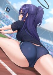 Rule 34 | 1girl, ass, black shirt, blue archive, blue buruma, blush, breasts, buruma, commentary, drone, english commentary, from behind, gym shirt, gym uniform, halo, highres, id card, jacket, kurisu-kun, lanyard, long hair, looking at viewer, looking back, mechanical halo, medium breasts, official alternate costume, outdoors, parted lips, ponytail, purple eyes, purple hair, revision, shirt, short sleeves, solo, stadium, star sticker, sticker, sticker on face, stretching, sweat, sweaty clothes, yuuka (blue archive), yuuka (track) (blue archive)