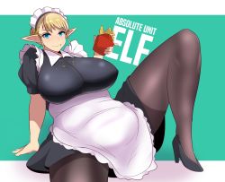 Rule 34 | 1girl, altronage, apron, blonde hair, blue eyes, breasts, curvy, elf, elf-san wa yaserarenai., erufuda-san, heels, high heels, highres, huge breasts, legs, looking at viewer, maid, maid apron, maid headdress, pantyhose, plump, pointy ears, short hair, sitting, smile, solo, stomach, thick thighs, thighs, wide hips