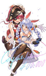 Rule 34 | 2girls, ^ ^, animal ear fluff, animal ears, bare shoulders, black gloves, black headwear, black pantyhose, blue hair, blush, bow, braid, breasts, carrot, carrot hair ornament, cleavage, closed eyes, commentary request, confetti, congratulations, controller, detached sleeves, don-chan (usada pekora), dress, eyepatch, food-themed hair ornament, fur-trimmed dress, fur-trimmed gloves, fur collar, fur trim, game controller, gloves, hair ornament, hat, highres, holding, holding controller, hololive, houshou marine, imminent hug, invisible chair, kneeling, kotoribako, long hair, looking at another, looking back, medium breasts, miniskirt, multicolored hair, multiple girls, open mouth, outstretched arms, pantyhose, pirate hat, pleated skirt, purple hair, rabbit ears, rabbit girl, red eyes, red skirt, red vest, short sleeves, simple background, sitting, skirt, thighhighs, twin braids, twintails, two-tone hair, usada pekora, usada pekora (1st costume), very long hair, vest, virtual youtuber, white background, white bow, white dress, white footwear, white gloves, white hair, zettai ryouiki