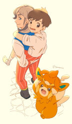 Rule 34 | 2boys, :d, ankle wrap, arven (pokemon), boots, brown eyes, brown hair, carrying, commentary request, creatures (company), florian (pokemon), game freak, green eyes, long hair, looking back, lower teeth only, male focus, multiple boys, nintendo, open mouth, orange pants, orange shorts, pants, pawmi, pawmot, piggyback, pokemon, pokemon sv, shirt, short hair, short sleeves, shorts, smile, standing, teeth, toes, tomatomi
