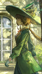 Rule 34 | 1girl, absurdres, arched window, bow, brick wall, brown hair, bush, collared shirt, copyright name, copyright notice, day, eyewear strap, feathers, flower, from side, glasses, gloves, green eyes, green feathers, green hat, green jacket, hair bow, hat, hat feather, hat flower, highres, jacket, kakania (reverse:1999), logo, long hair, long sleeves, looking ahead, low ponytail, neck ribbon, official art, official wallpaper, outdoors, profile, puffy long sleeves, puffy sleeves, red ribbon, reverse:1999, ribbon, round eyewear, shirt, solo, sun hat, sunlight, upper body, walking, white gloves, white shirt, window, yellow bow, yellow flower