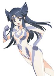 Rule 34 | 1girl, black hair, breasts, clenched hand, hair flaps, hand on own hip, jinki, long hair, medium breasts, navel, official art, open mouth, shiva (jinki), simple background, solo, tsunashima shirou, white background