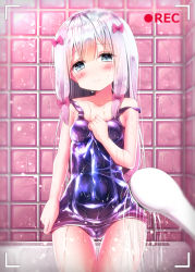 Rule 34 | 10s, 1girl, blue eyes, blush, bow, breasts, cameltoe, eromanga sensei, hair bow, head tilt, izumi sagiri, long hair, looking at viewer, old school swimsuit, one-piece swimsuit, pink bow, pov, recording, school swimsuit, shiny clothes, shower head, silver hair, small breasts, solo, strap slip, swimsuit, tile wall, tiles, viewfinder, wet, wet clothes, yodosu915