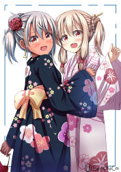 Rule 34 | 2girls, :d, absurdres, artist name, blonde hair, blue kimono, blush, breasts, chloe von einzbern, commentary request, dark-skinned female, dark skin, earrings, fate/kaleid liner prisma illya, fate (series), feather hair ornament, feathers, female focus, floral print, flower, grey hair, hair flower, hair ornament, highres, illyasviel von einzbern, japanese clothes, jewelry, kimono, long hair, looking at viewer, multiple girls, obi, official alternate costume, one side up, open mouth, orange eyes, pink eyes, pink hair, pink kimono, red eyes, sash, senchimee, simple background, small breasts, smile, white background, yellow eyes, yukata