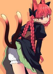 1girl absurdres animal_ears black_dress bloomers bow braid cat_ears cat_tail clothes_lift cowboy_shot dress dress_lift extra_ears fang fuuzasa hair_bow highres kaenbyou_rin long_hair long_sleeves looking_at_viewer multiple_tails nekomata orange_background red_eyes red_hair simple_background solo tail touhou twin_braids two_tails underwear white_bloomers