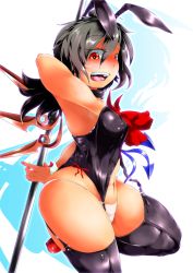 Rule 34 | 1girl, :d, animal ears, armpits, asymmetrical wings, bad anatomy, belly, black hair, blush, breasts, collar, curvy, fingernails, garter straps, gradient background, hip focus, houjuu nue, leotard, looking at viewer, medium breasts, nail polish, navel, open mouth, panties, playboy bunny, polearm, poorly drawn, rabbit ears, red eyes, red footwear, shoes, smile, solo, teeth, teinba, thick thighs, thighs, toned, touhou, trident, underwear, weapon, white panties, wings