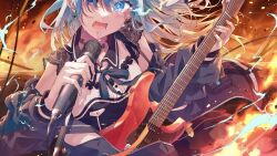 Rule 34 | 1girl, blue eyes, blue hair, choker, electric guitar, fire, glowing, glowing eye, guitar, hakua (aiziro 039), highres, holding, holding microphone, hololive, hoshimachi suisei, hoshimachi suisei (streetwear), instrument, jacket, jacket partially removed, jewelry, microphone, microphone stand, open mouth, ring, solo, upper body, virtual youtuber