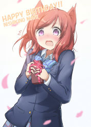 Rule 34 | 10s, 1girl, animal ears, blazer, blue eyes, blue ribbon, blush, box, buttons, cat ears, character name, embarrassed, flying sweatdrops, gift, gift box, happy birthday, holding, holding gift, jacket, kemonomimi mode, long sleeves, love live!, love live! school idol project, neck ribbon, nishikino maki, open mouth, petals, purple eyes, red hair, reityana, ribbon, school uniform, short hair, simple background, solo, standing, striped ribbon, wavy mouth, white background