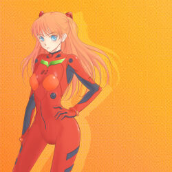 Rule 34 | 1girl, artist request, bodysuit, breasts, brown hair, feet out of frame, hand on own hip, interface headset, long hair, looking at viewer, medium breasts, neon genesis evangelion, orange background, plugsuit, red bodysuit, shiny clothes, simple background, solo, souryuu asuka langley, standing, two side up