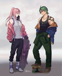Rule 34 | 2boys, artist name, black pants, black shirt, blue jacket, boots, brown footwear, cherry blossom (sk8), copyright name, green hair, green pants, grey background, hands in pockets, highres, jacket, jewelry, joe (sk8), large pectorals, pectoral cleavage, male focus, multiple boys, necklace, pants, pectorals, pink hair, pink jacket, ponytail, shirt, shoulder tattoo, sidepec, sk8 the infinity, skateboard, sleeveless, soul (tamashii), standing, tattoo