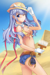Rule 34 | 1girl, belt, blue eyes, blue hair, breasts, cleavage, crop top, cutoffs, denim, denim shorts, desert, earrings, front-tie top, gloves, hat, jewelry, long hair, lowres, matching hair/eyes, midriff, one eye closed, paintbrush, pyramid (structure), ribbon, sand, scarf, shirt, short shorts, shorts, smile, solo, sweat, sword girls, tied shirt, wink