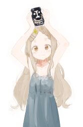 Rule 34 | 1girl, aoba kokona, aooni beer, armpits, arms up, beer can, blue dress, blush, braid, braided bangs, breasts, brown eyes, brown hair, can, closed mouth, collarbone, commentary, cowboy shot, dress, drink can, flower, forehead, hair flower, hair ornament, hairclip, highres, holding, holding can, lace, lace-trimmed dress, lace trim, long hair, looking at viewer, parted bangs, sidelocks, simple background, sleeveless, sleeveless dress, small breasts, smile, solo, spaghetti strap, standing, takekumo, wavy hair, white background, yama no susume, yellow flower