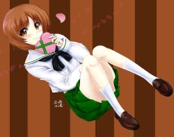 Rule 34 | 1girl, absurdres, alternate legwear, artist name, black neckerchief, blouse, blush, brown background, brown eyes, brown footwear, brown hair, closed mouth, commentary request, floating, gift, girls und panzer, green skirt, heart, highres, holding, holding gift, loafers, long sleeves, looking at viewer, miniskirt, neckerchief, nishizumi miho, ooarai school uniform, partial commentary, pleated skirt, sailor collar, school uniform, shirt, shoes, short hair, signature, skirt, smile, socks, solo, striped, striped background, valentine, vertical stripes, white sailor collar, white shirt, white socks, zaofeng